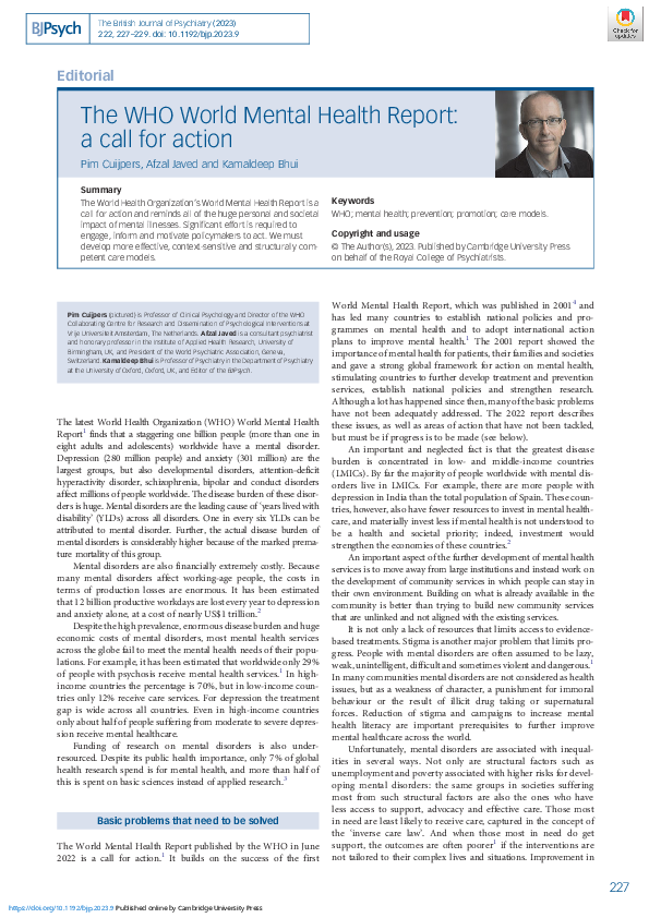 (PDF) The WHO World Mental Health Report: a call for action