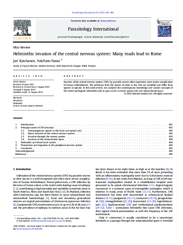 (PDF) Helminthic invasion of the central nervous system: Many roads ...