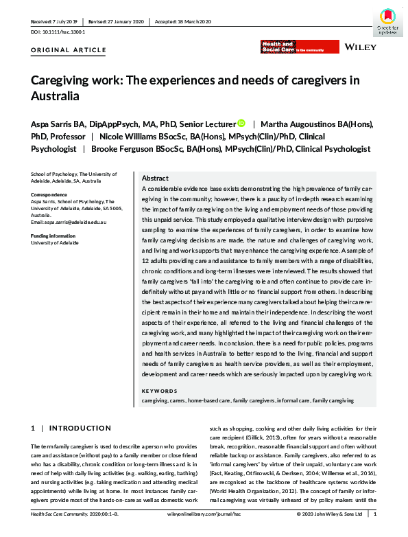 (PDF) Caregiving work: The experiences and needs of caregivers in Australia