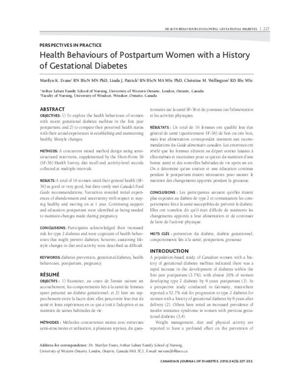 (PDF) Health Behaviours of Postpartum Women with a History of ...