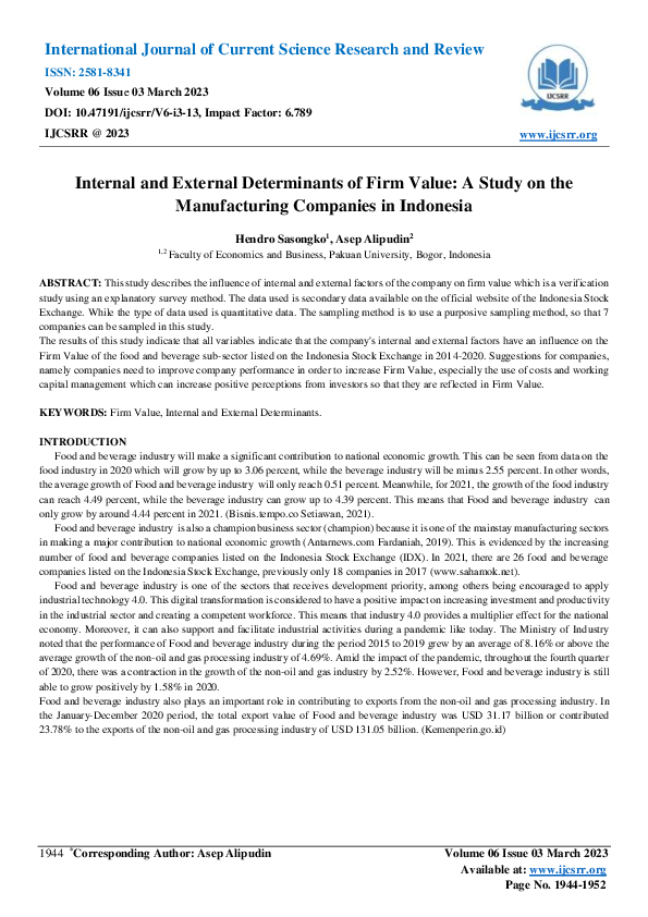 (PDF) Internal and External Determinants of Firm Value: A Study on the ...