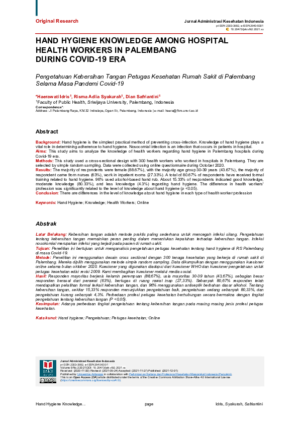 (PDF) Hand Hygiene Knowledge Among Hospital Health Workers in Palembang ...