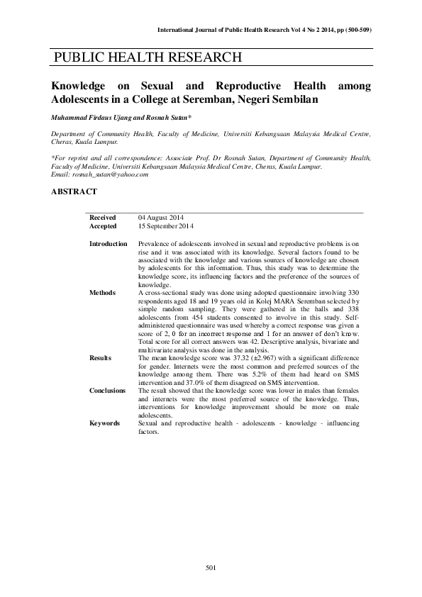 (PDF) Knowledge on Sexual and Reproductive Health among Adolescents in ...