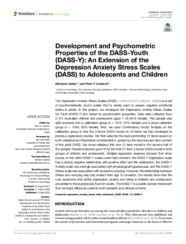 (PDF) Development and Psychometric Properties of the DASS-Youth (DASS-Y ...