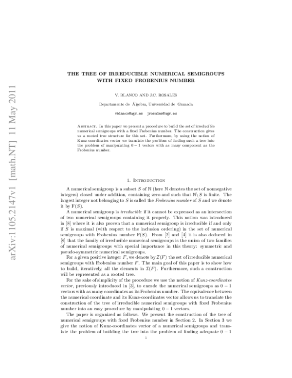 (PDF) The tree of irreducible numerical semigroups with fixed Frobenius ...