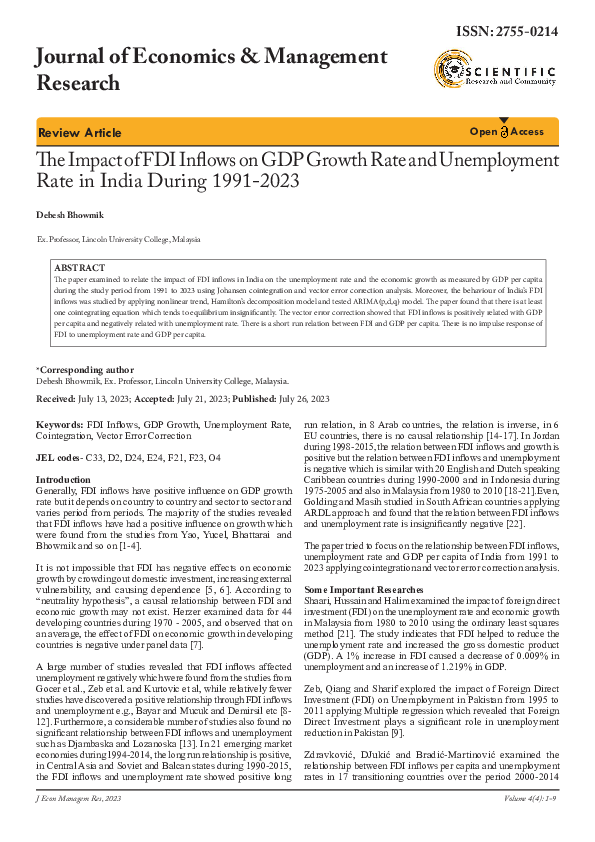(PDF) The Impact of FDI Inflows on GDP Growth Rate and Unemployment ...