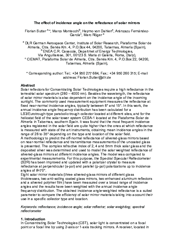 (PDF) The effect of incidence angle on the reflectance of solar mirrors