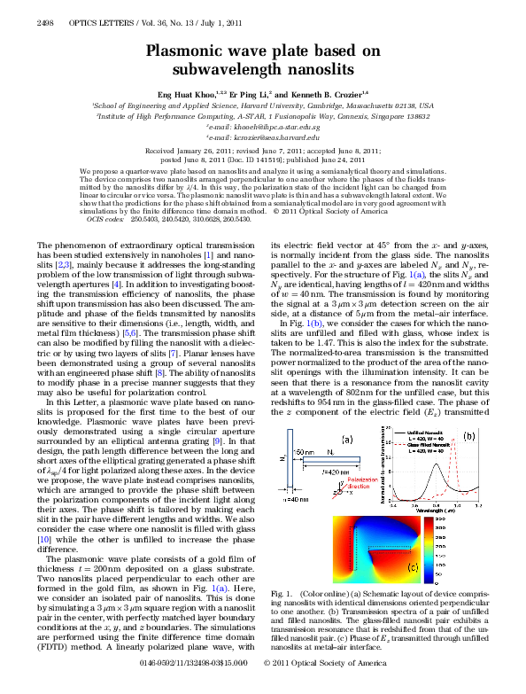 (PDF) Plasmonic wave plate based on subwavelength nanoslits