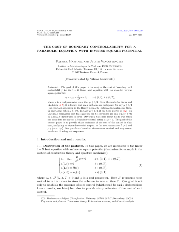 (PDF) The cost of boundary controllability for a parabolic equation ...