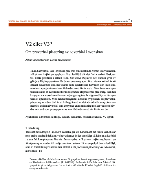 (PDF) V2 eller V3? : Om preverbal placering av adverbial i svenskan