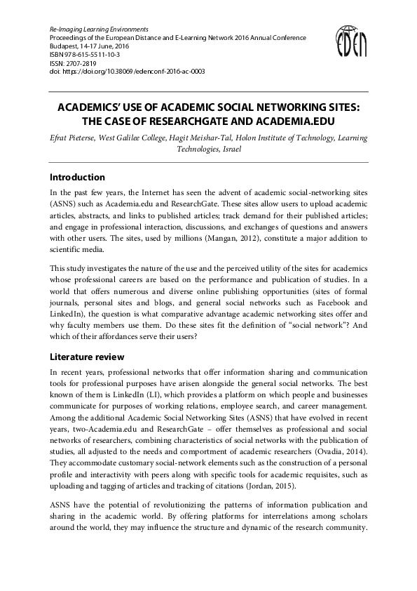 (PDF) Academics’ Use of Academic Social Networking Sites: The Case of ...