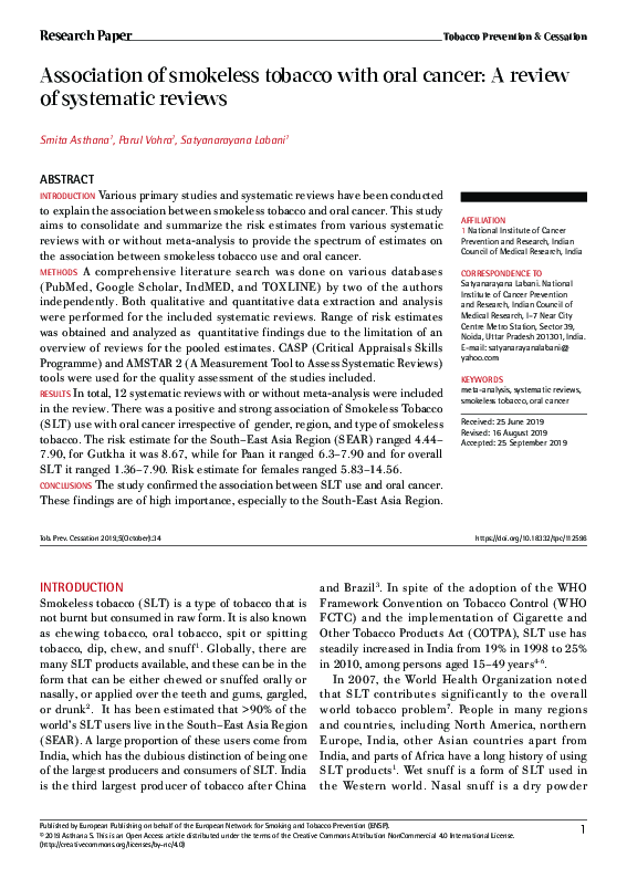 (PDF) Association of smokeless tobacco with oral cancer: A review of ...