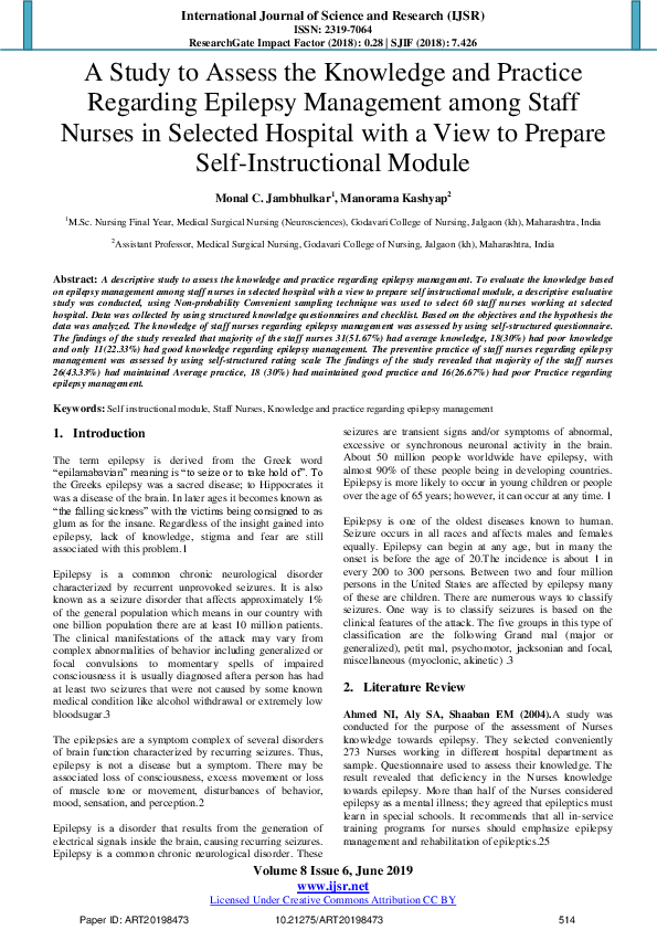 (PDF) A Study to Assess the Knowledge and Practice Regarding Epilepsy ...