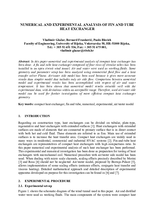 (PDF) Numerical and Experimental Analysis of Fin and Tube Heat Exchanger