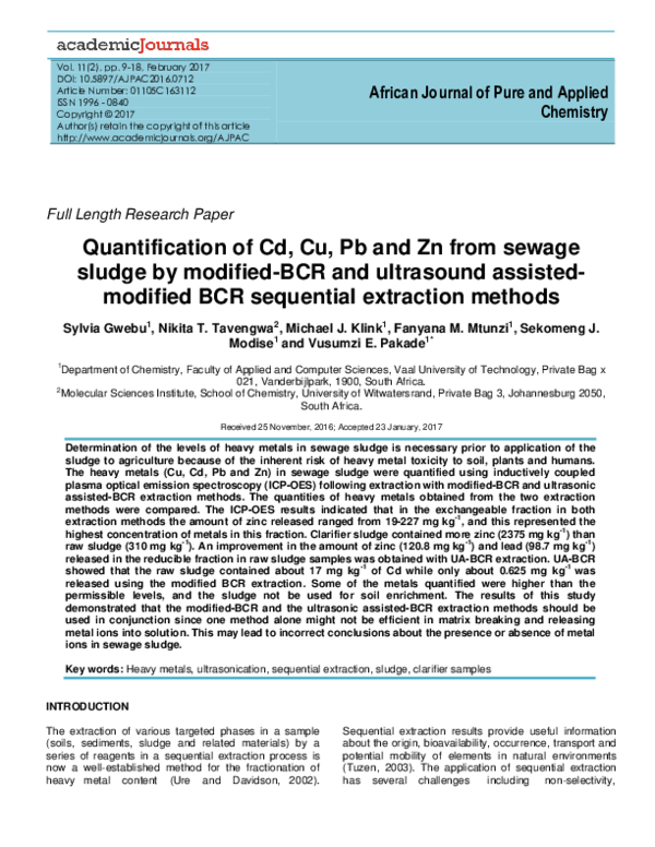 (PDF) Quantification of Cd, Cu, Pb and Zn from sewage sludge by ...