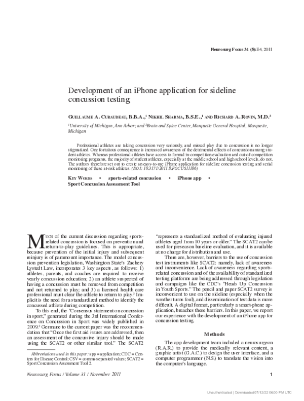 (PDF) Development of an iPhone application for sideline concussion testing