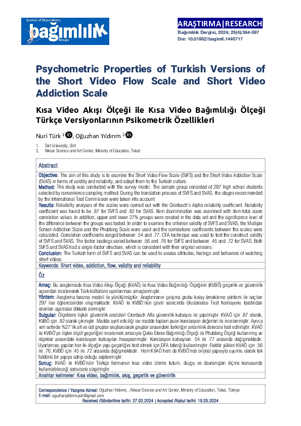 (PDF) Psychometric Properties of Turkish Versions of the Short Video ...