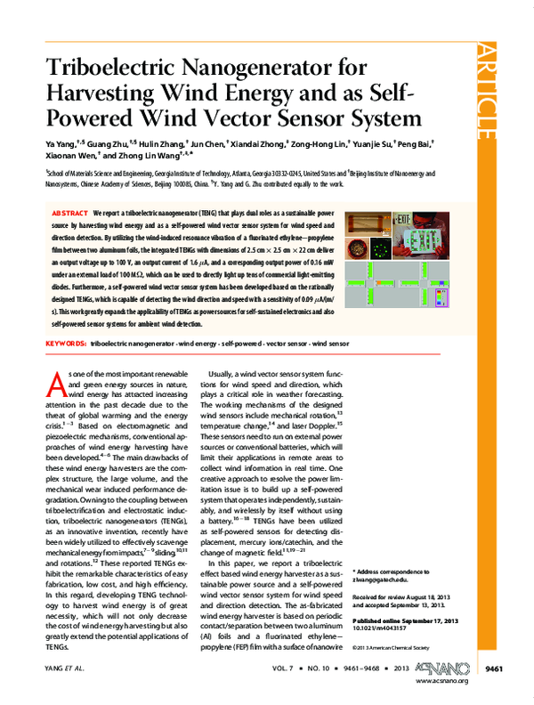 (PDF) Triboelectric Nanogenerator for Harvesting Wind Energy and as ...