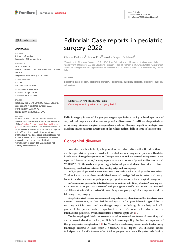 (PDF) Editorial: Case reports in pediatric surgery 2022