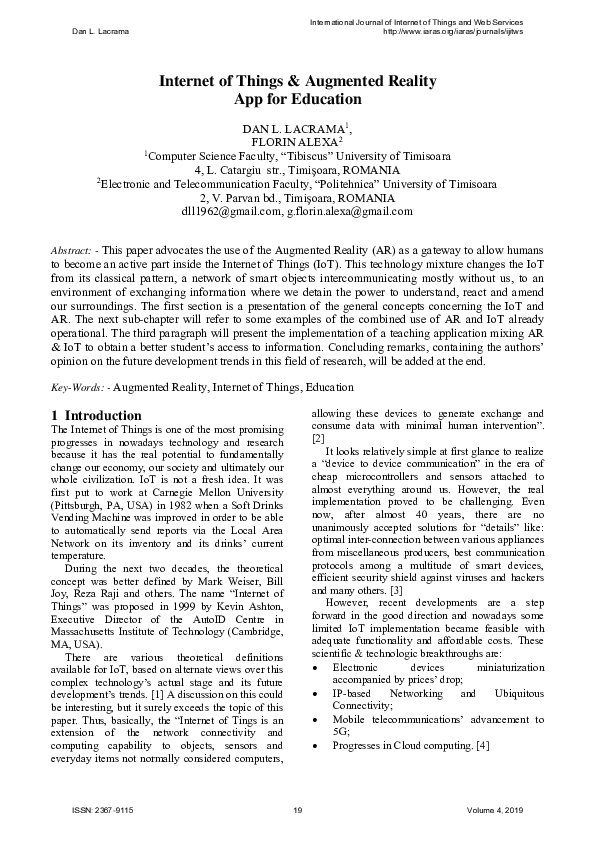 (PDF) Internet of Things & Augmented Reality App for Education