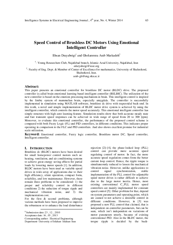 (PDF) Speed control of brushless DC motors using emotional intelligent ...