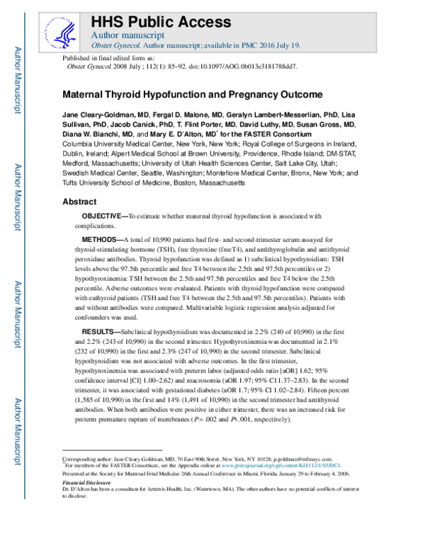 (PDF) Maternal Thyroid Hypofunction and Pregnancy Outcome | Mary D ...
