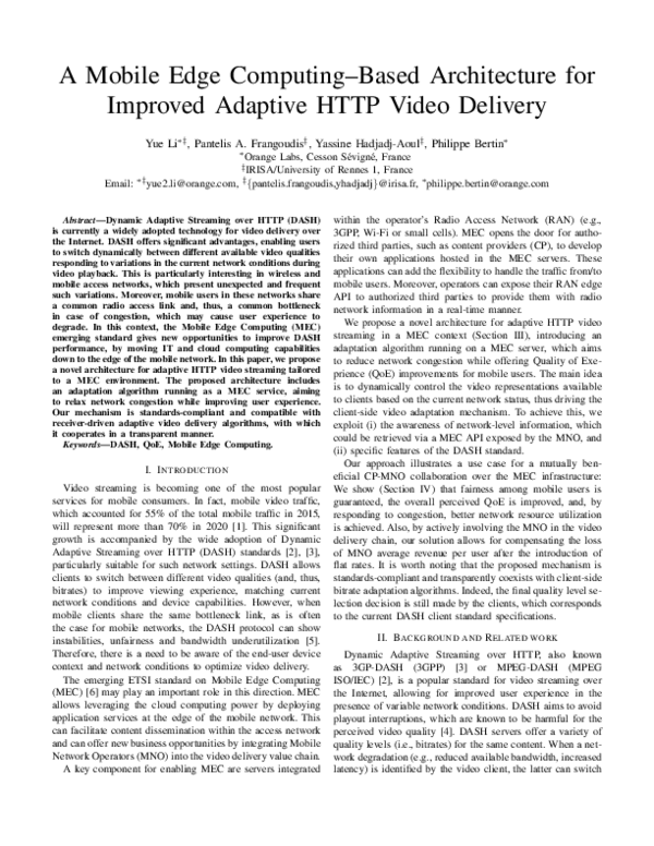 (PDF) A Mobile Edge Computing-based architecture for improved adaptive ...