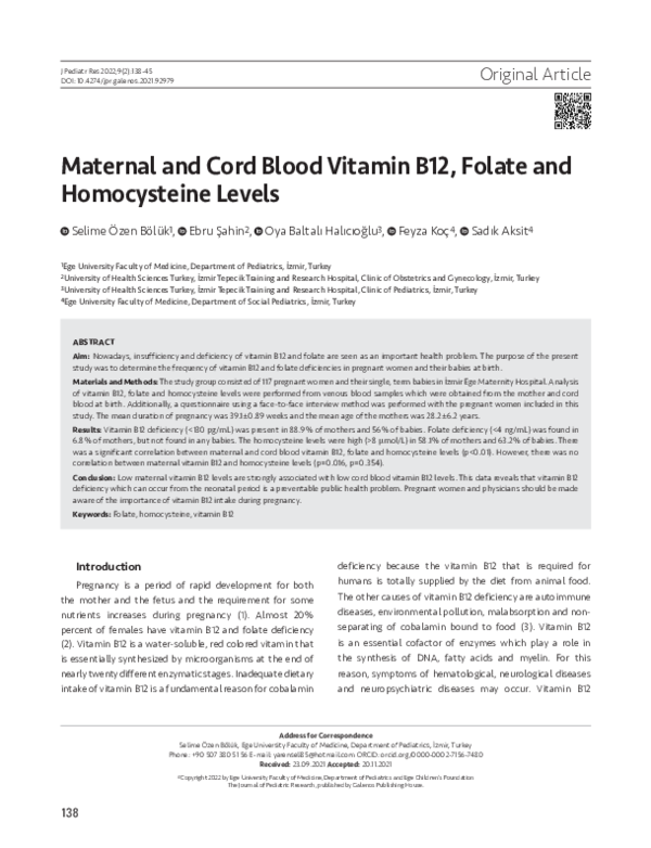 (PDF) Maternal and Cord Blood Vitamin B12, Folate and Homocysteine Levels