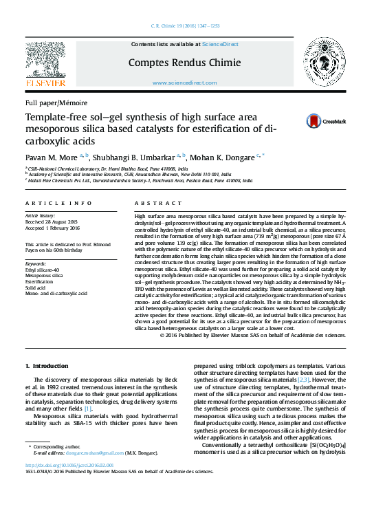 (PDF) Template-free sol–gel synthesis of high surface area mesoporous ...