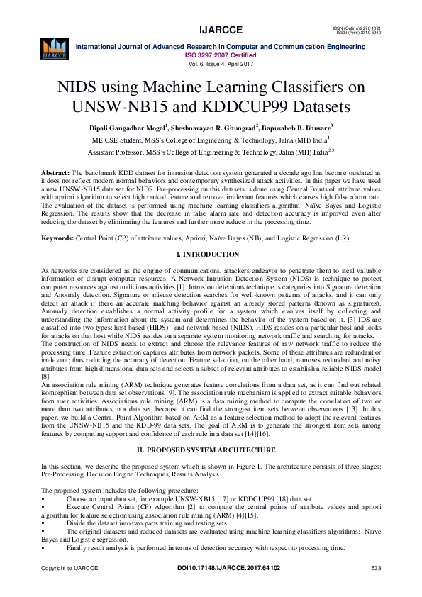 (PDF) NIDS using Machine Learning Classifiers on UNSW-NB15 and KDDCUP99 ...