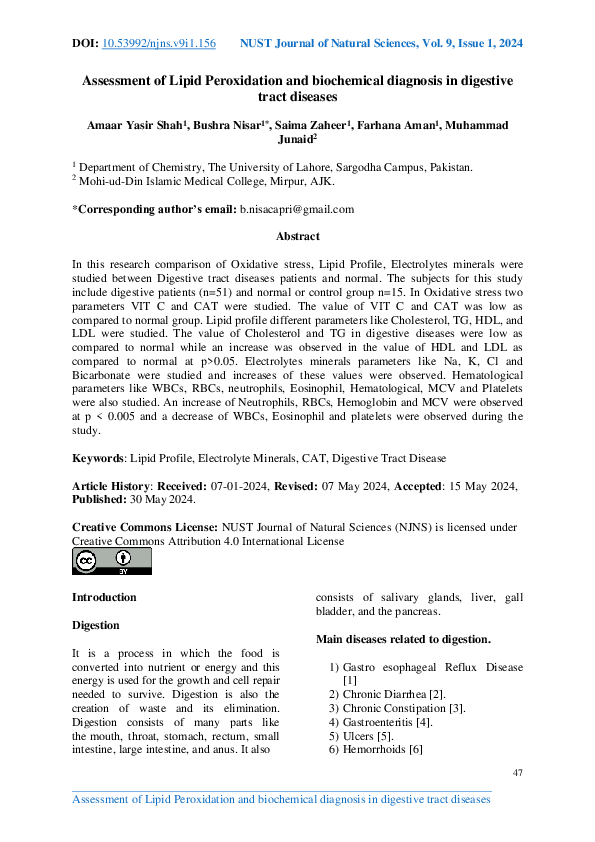 (PDF) Assessment of Lipid Peroxidation and biochemical diagnosis in ...