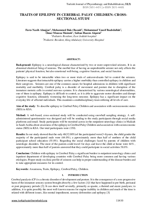 (PDF) Traits of Epilepsy in Cerebral Palsy Children: Cross- Sectional Study