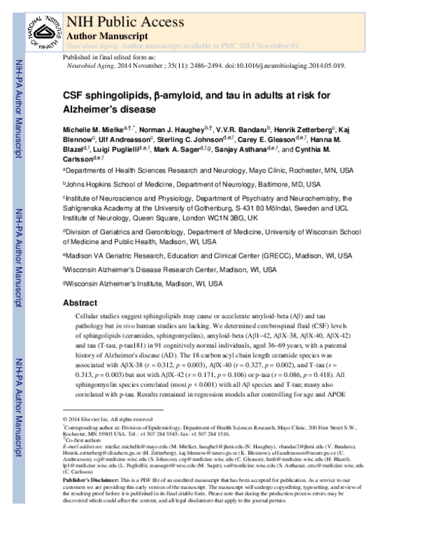 (PDF) Cerebrospinal fluid sphingolipids, β-amyloid, and tau in adults ...