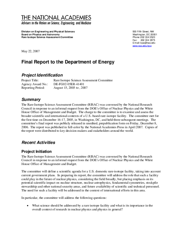 (PDF) Final Report to the Department of the Energy for Project Entitled ...