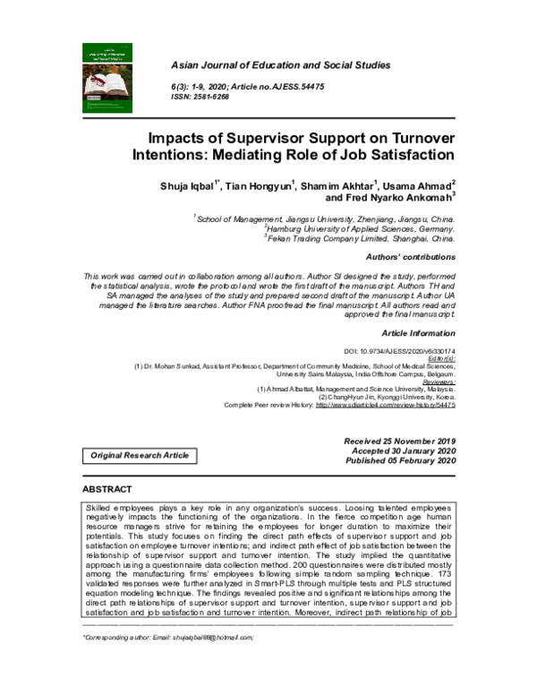 (PDF) Impacts of Supervisor Support on Turnover Intentions: Mediating ...