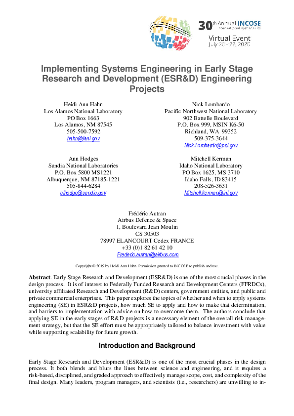 (PDF) Implementing Systems Engineering in Early Stage Research and ...