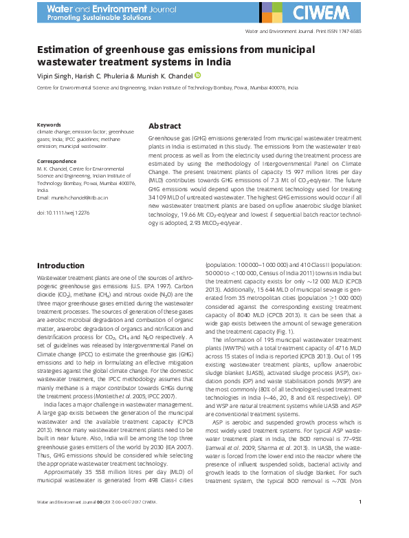 (PDF) Estimation of greenhouse gas emissions from municipal wastewater ...