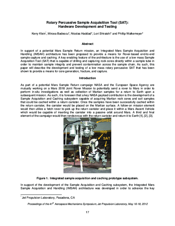 (PDF) Rotary Percussive Sample Acquisition Tool (SAT): Hardware ...
