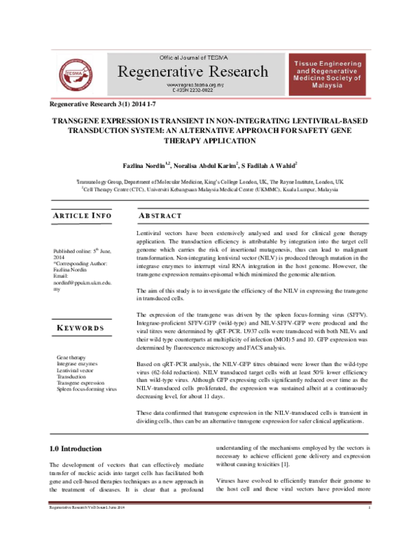 (PDF) Transgene Expression is Transient in Non-Integrating Lentiviral ...