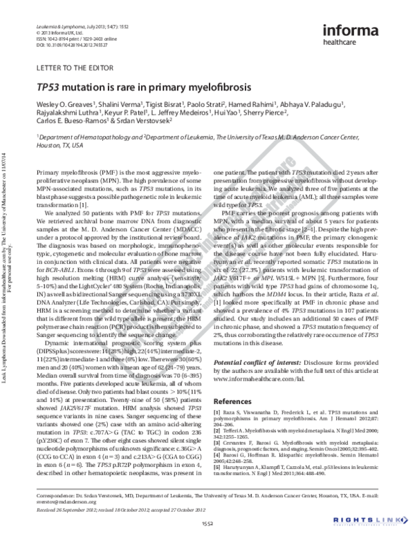 (PDF) TP53 mutation is rare in primary myelofibrosis