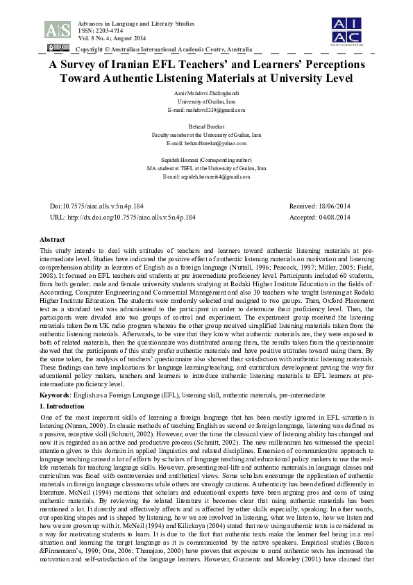 (PDF) A Survey of Iranian EFL Teachers' and Learners' Perceptions ...