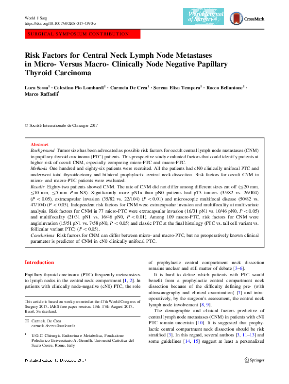 (PDF) Risk factors for central neck lymph node metastasis of clinically ...