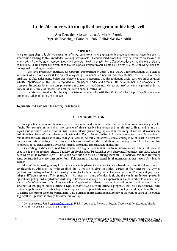 (PDF) Coder/decoder with an optical programmable logic cell