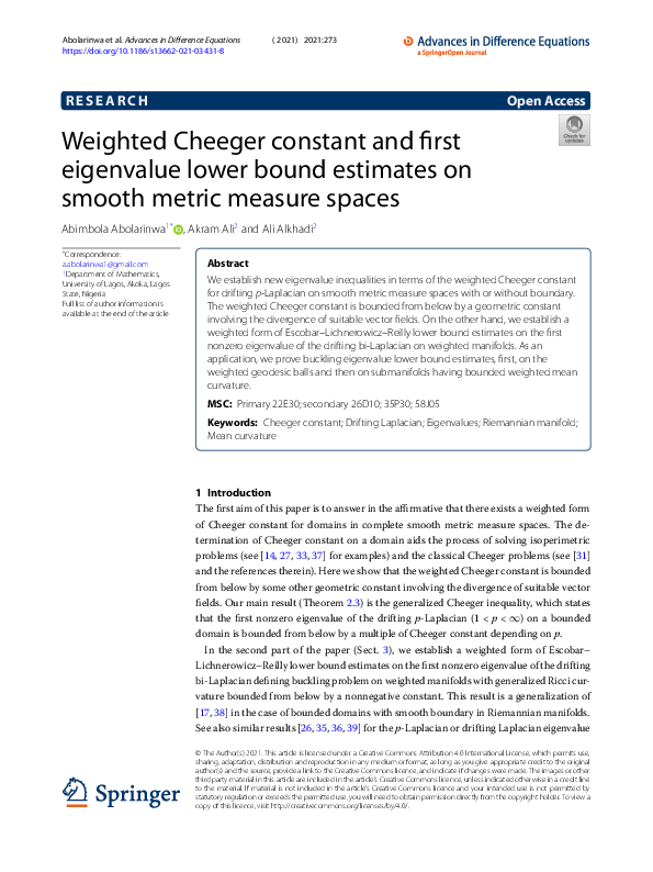 (PDF) Weighted Cheeger constant and first eigenvalue lower bound ...