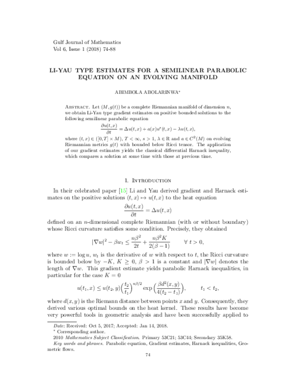 (PDF) Li-Yau estimates for a semilinear parabolic equation on an ...
