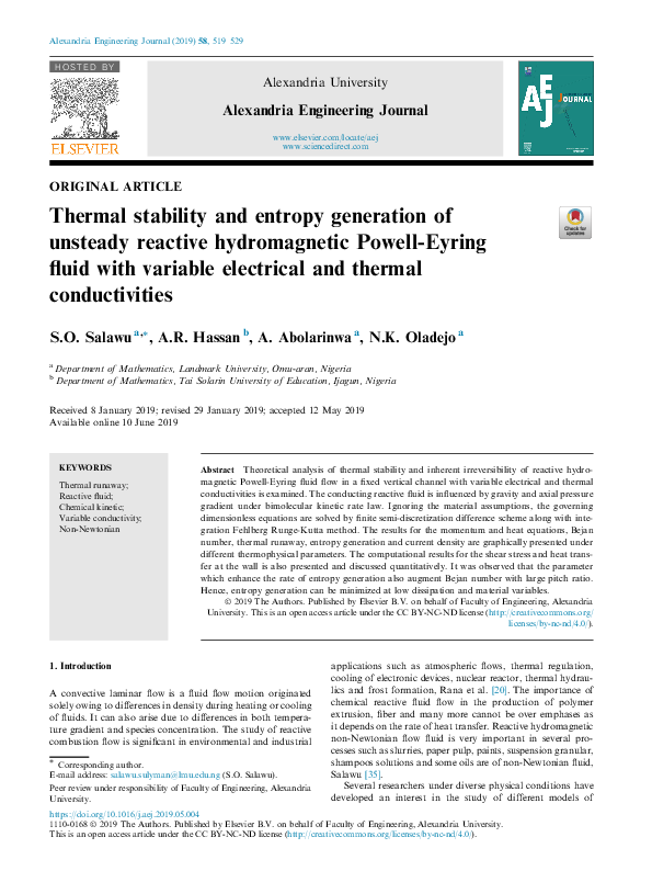 (PDF) Thermal stability and entropy generation of unsteady reactive ...