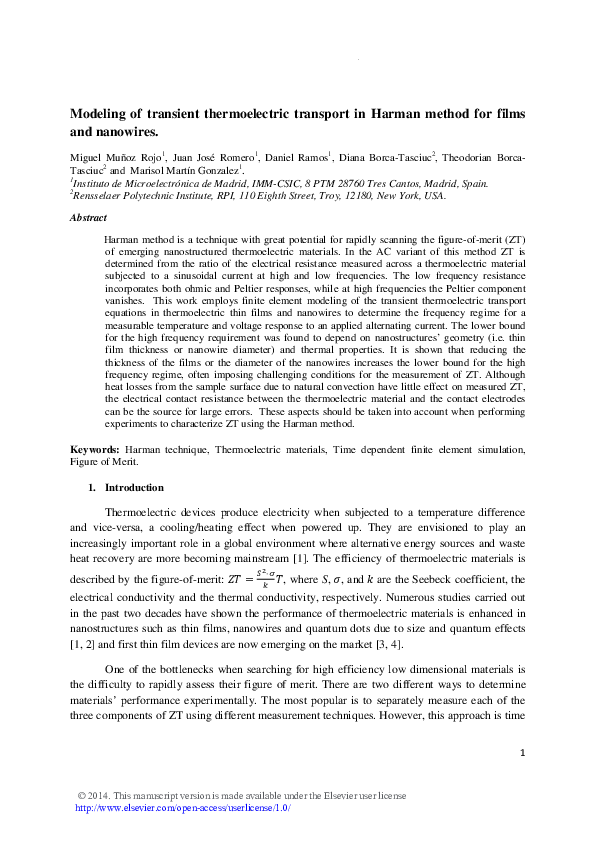 (PDF) Transient Thermoelectric Transport Modeling in Harman Method