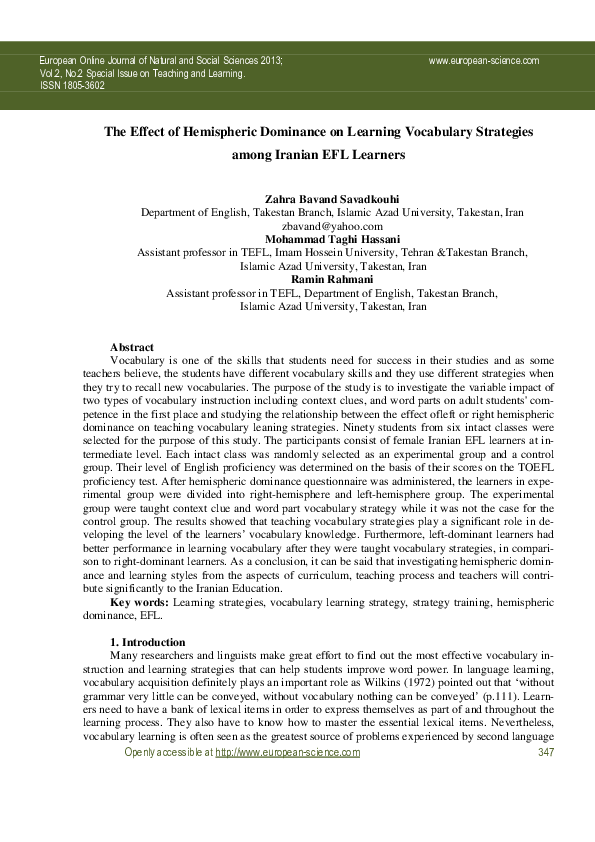 (PDF) The Effect of Hemispheric Dominance on Learning Vocabulary ...