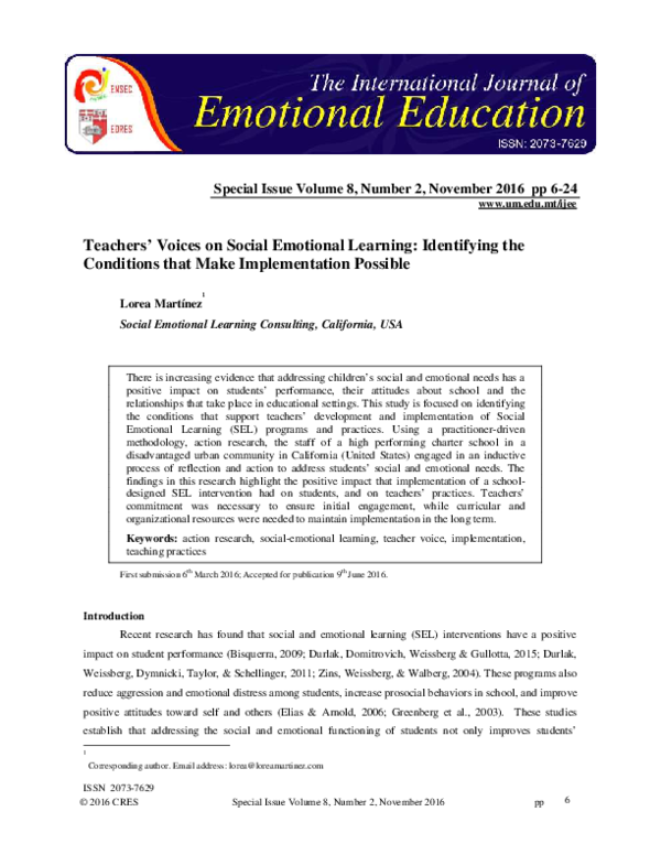 (PDF) Teachers’ voices on social emotional learning : identifying the ...
