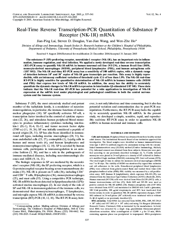 (PDF) Real-Time Reverse Transcription-PCR Quantitation of Substance P ...
